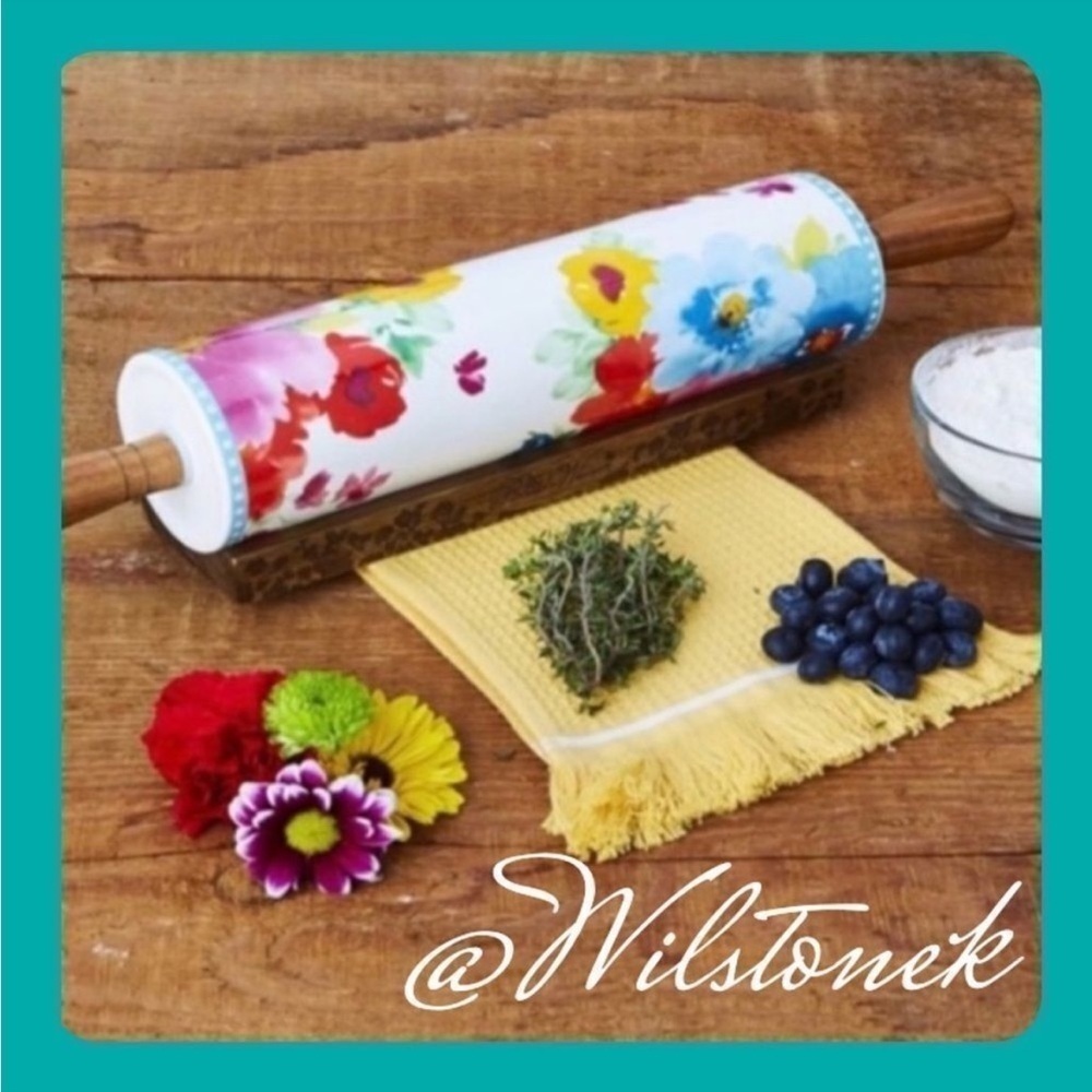 The Pioneer Woman Breezy Blossom floral Rolling Pin with acacia wood holder